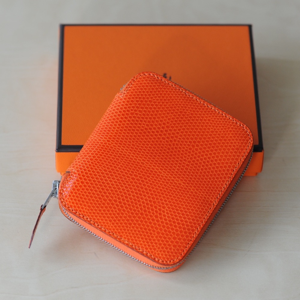 Hermes real orange Lizard agenda zippered compact wallet new authentic